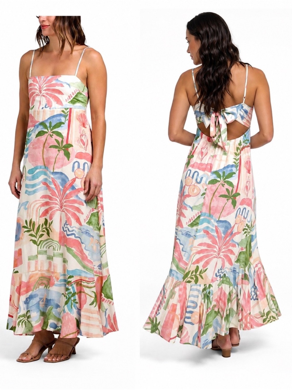 Paper Heart Sleeveless Tropical Print Maxi Dress large linen blend